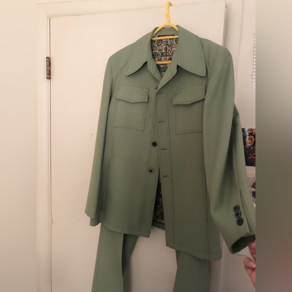 Green pantsuit. Custom made. Made in Sturgis, Michigan.